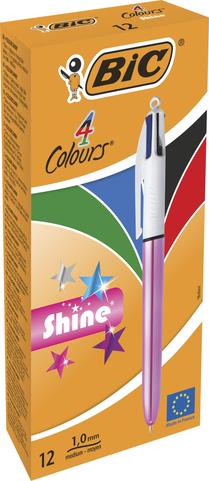 BIC 4 Farben Kugelschreiber Set 4 Colours Shine, Schaft in metallic pink, 12er Pack, Ideal für das B