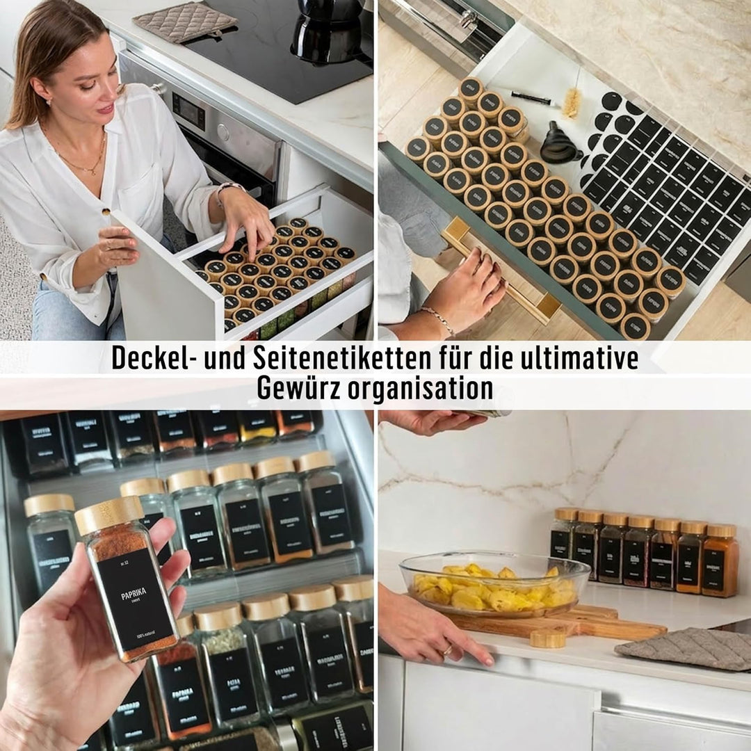 Deco Haus® Gewürzgläser eckig mit Holzdeckel 36er Set [+ Etiketten &amp; Streueinsatz] - Gewürzdosen Set