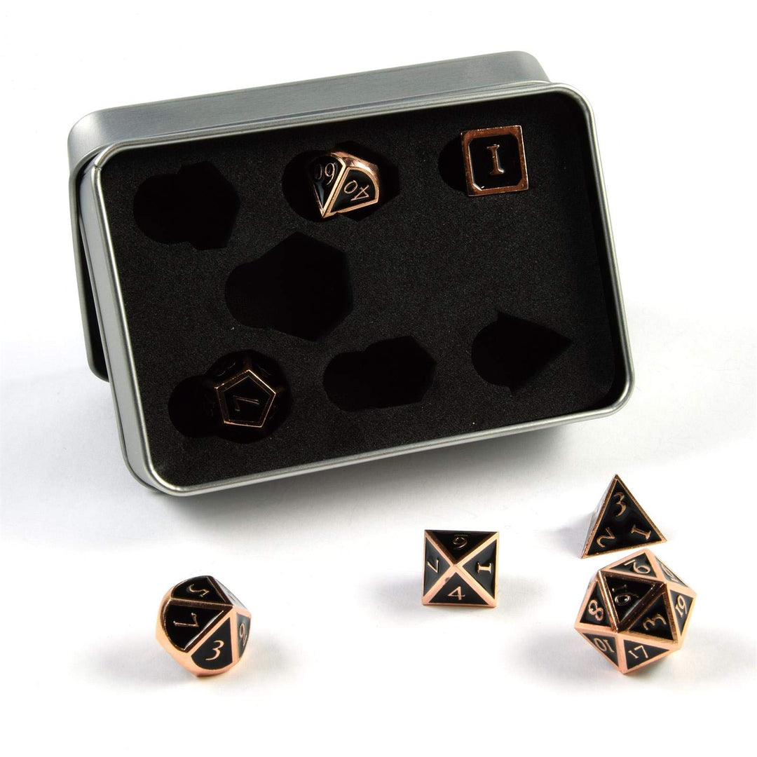 shibby 7 polyedrische Metall-Würfel für Rollen- und Tabletopspiele in Steampunk Kupfer-Schwarz-Optik