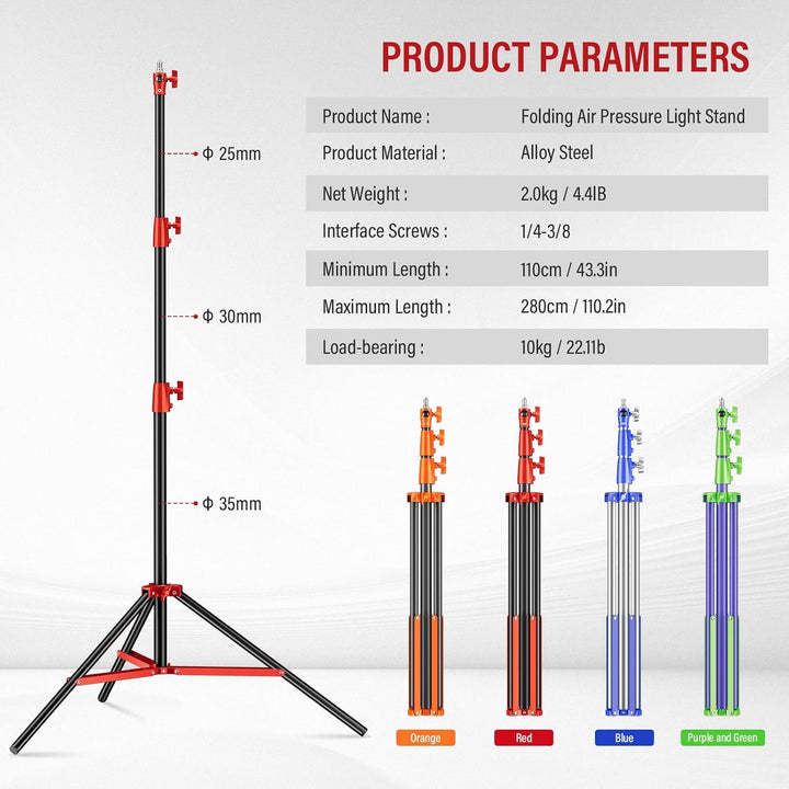 Soonpho Lichtstativ Vollmetall Puffer Druckstativ 9,1 ft/280cm Light Stand Bunt 10kg Tragkraft für O