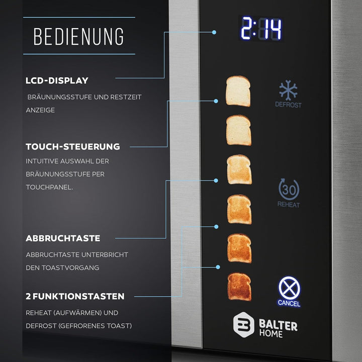 Balter Toaster 4 Scheiben, Touch Bedienung, Langschlitz, Edelstahl, Brötchenaufsatz, LCD Display Lan