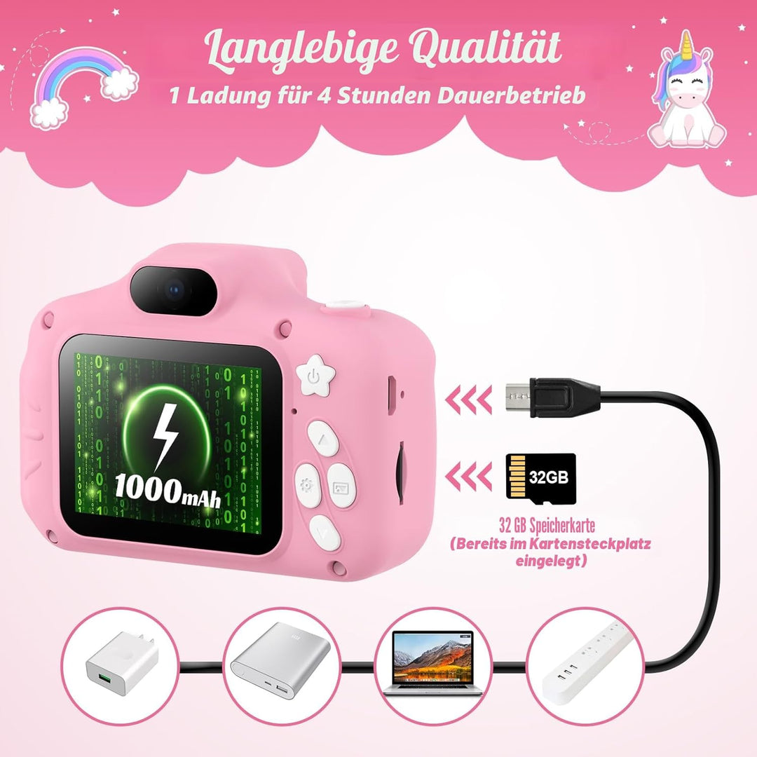 TIATUA Kinderkamera, 1080P Kamera Kinder mit 2.0”-Bildschirm & 32GB Karte, Selfie Digitalkamera & Fo