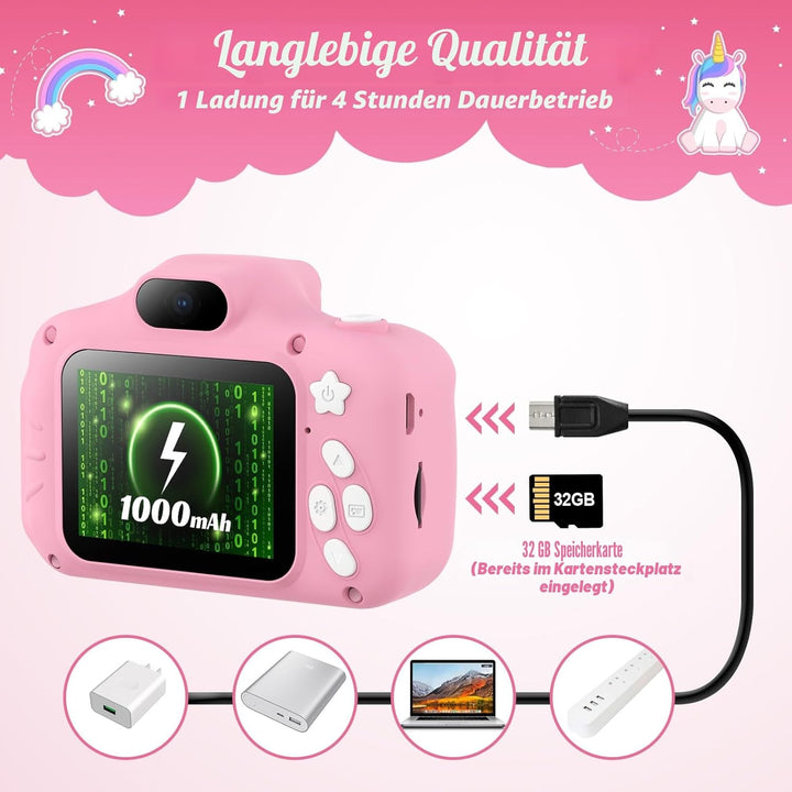 TIATUA Kinderkamera, 1080P Kamera Kinder mit 2.0”-Bildschirm & 32GB Karte, Selfie Digitalkamera & Fo