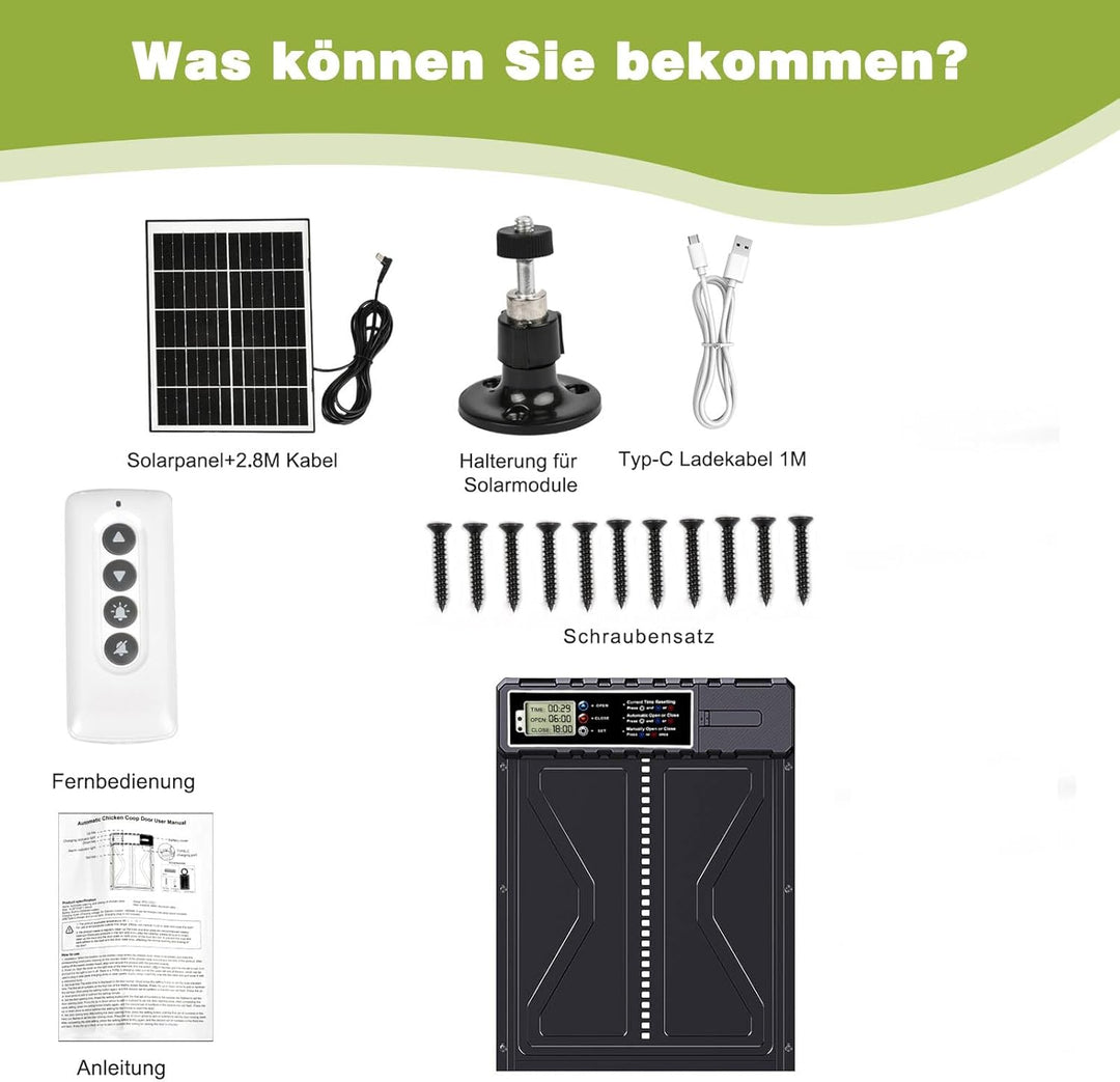 Grosse Solar Automatische Hühnerklappe Upgrade,Elektrische Hühnerklappe Automatisch mit Timer, 7W So