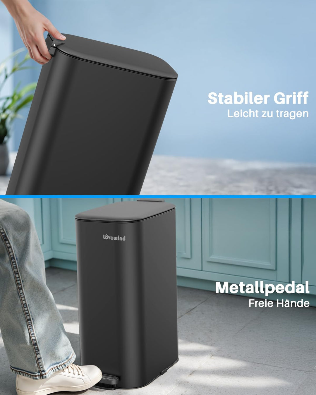 lovewind Mülleimer 30L mit Fusspedal, Schmaler Abfalleimer, Leise Schliessender Deckel, Entnehmbarer