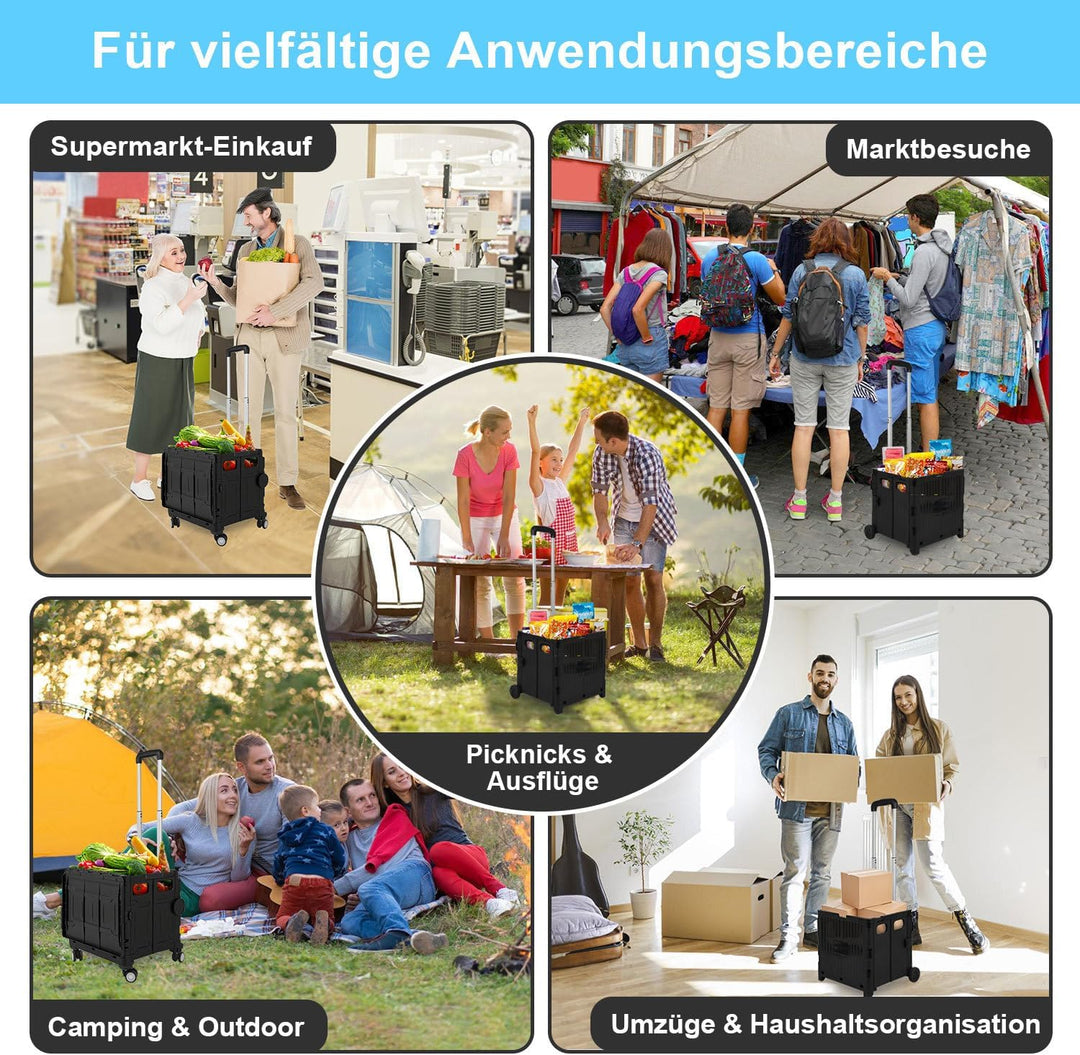 Einkaufstrolley Klappbar 45L, Faltbare Einkaufskiste mit Deckel, 2 Rollen &amp; höhenverstellbarem Teles