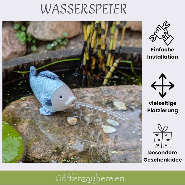 Storm's Gartenzaubereien Wasserspeier Fisch aus Keramik mit Pumpe 230V - für Miniteiche - Balkondeko