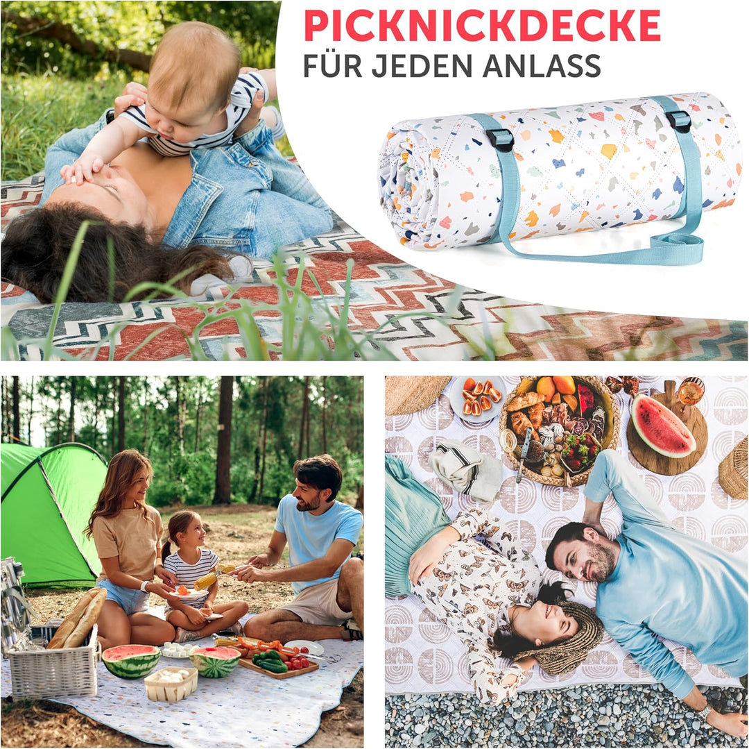 Blumtal Premium Picknickdecke wasserabweisend 200x200 cm Boho & Terrazzo Design - waschbare Strandde