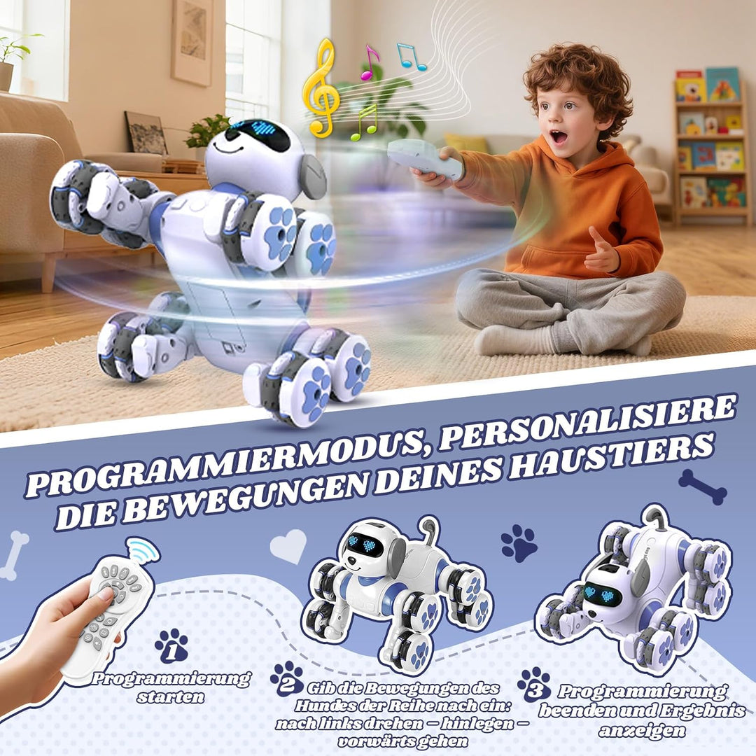 JONRRYIN Roboter Hund Kinder, Ferngesteuertes Roboterhund Spielzeug, 8WD RC Stunt und Handsteuerung,