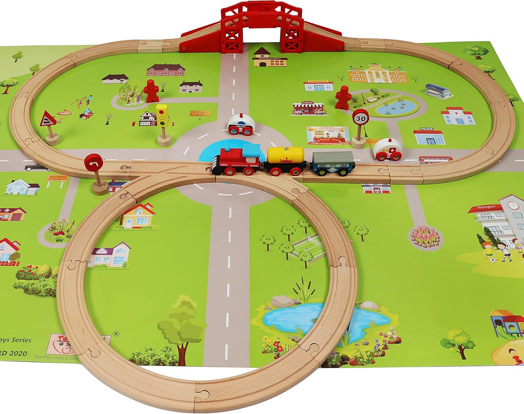 TOWO Holzeisenbahnset mit Stadtplan- Shinington-Eisenbahngleisbau Bauspielzeug für 3 Jahre alte Kind