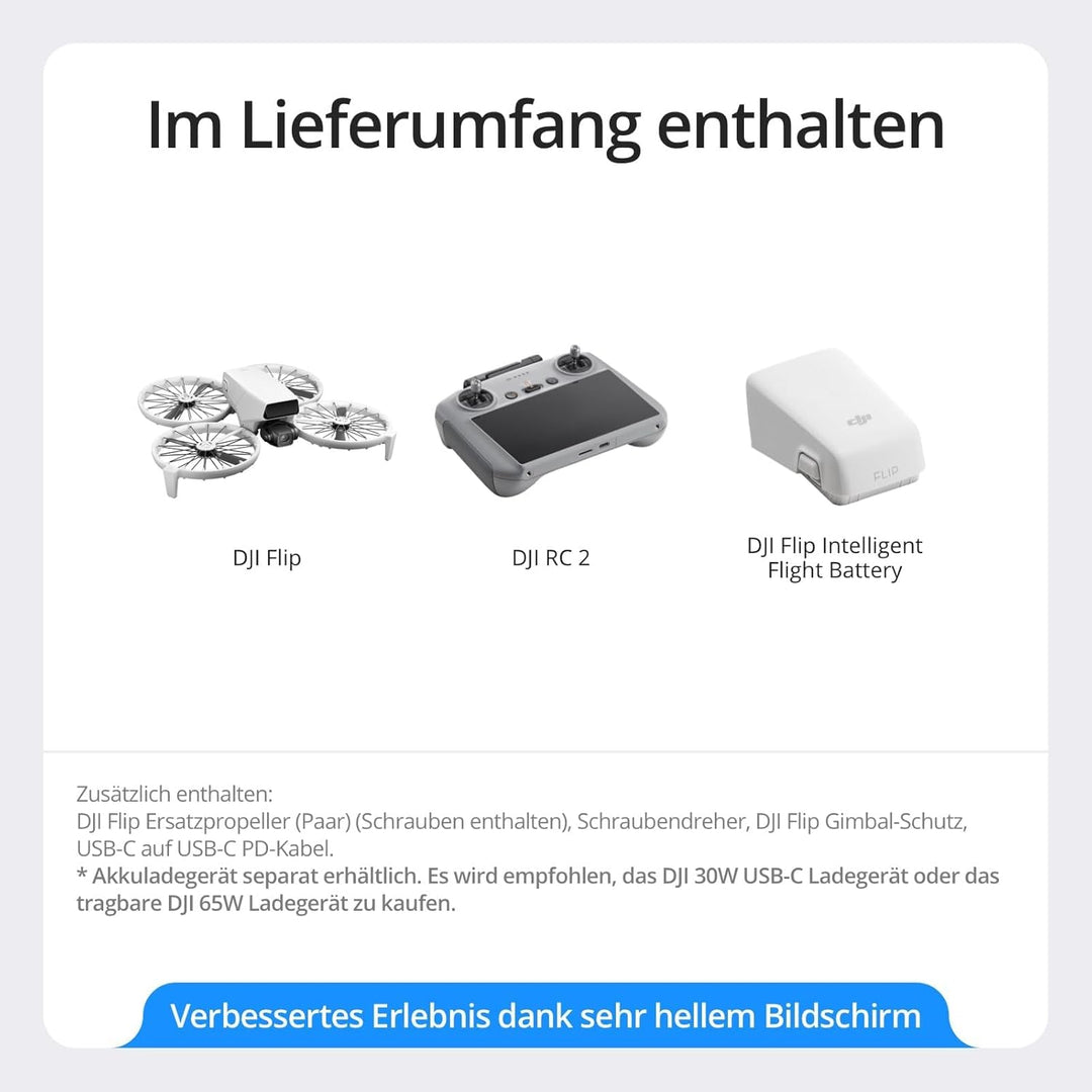 DJI Flip (RC 2 Fernsteuerung mit Bildschirm) – Mini Drohne mit Kamera 4K für Kinder, unter 249g, Fol