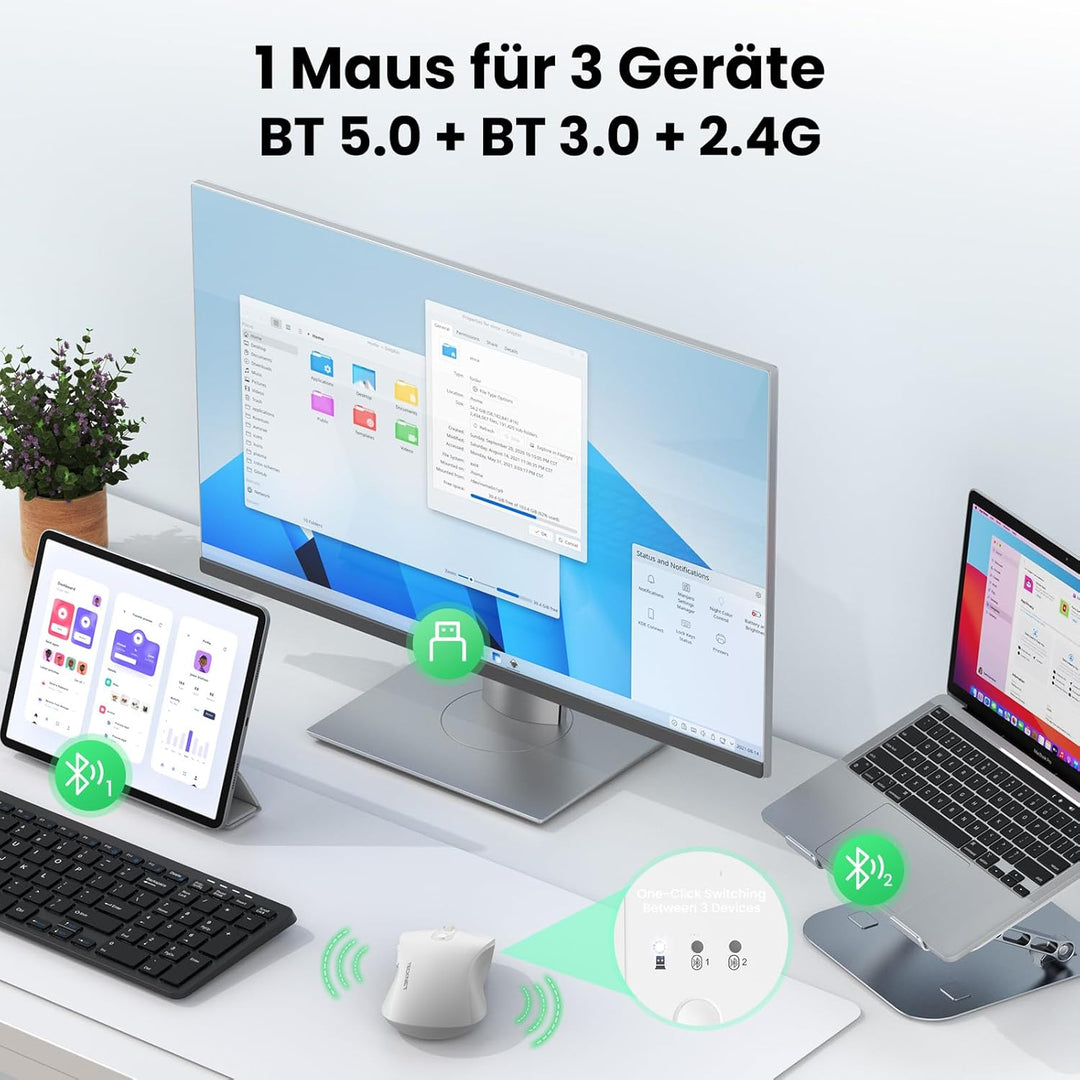 TECKNET Bluetooth Maus, PC Maus Kabellos, Wiederaufladbar Computer Maus 4800 DPI, (BT 5.0/3.0+2.4 GH