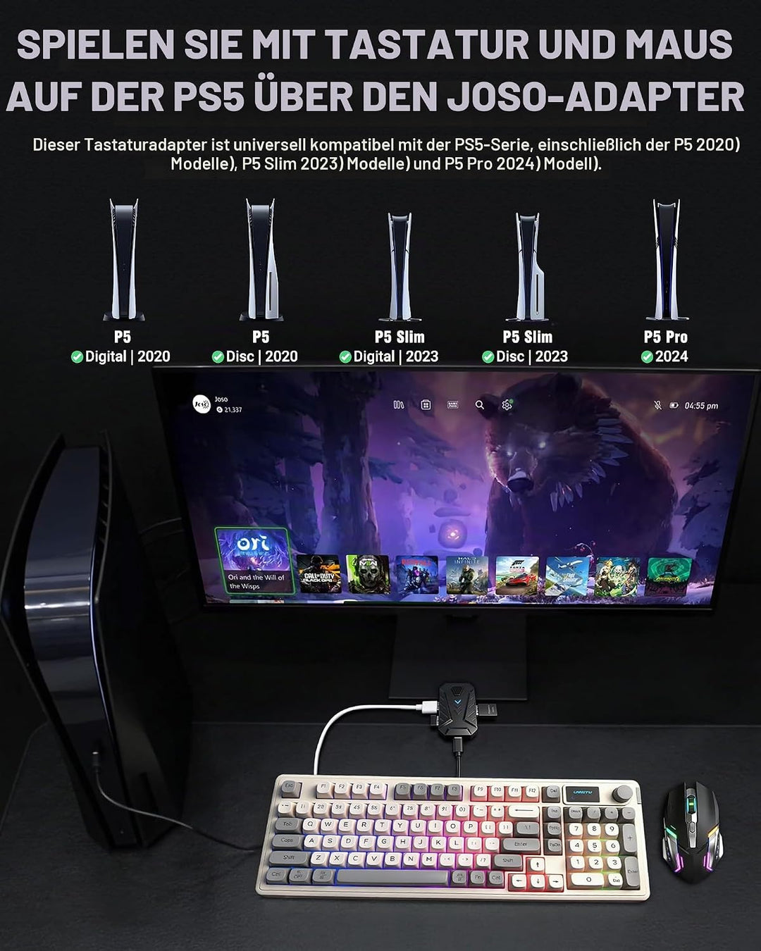 Joso Tastatur- und Mausadapter für PS5, 1000Hz Ultra-Low Lag Tastaturadapter mit P5 Allgemein zum Sp