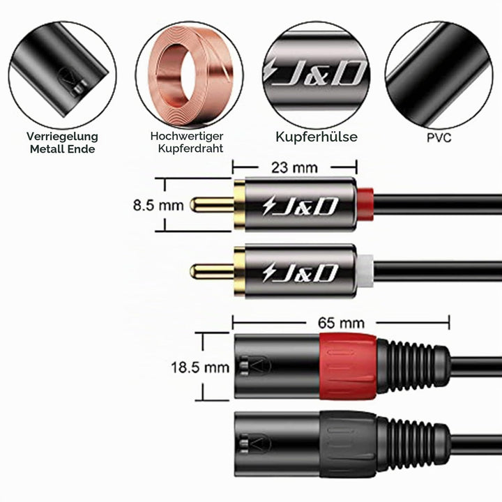 J&amp;D Dual Cinch-Stecker auf Dual XLR-Stecker (4,5 Meter), 2 Cinch auf 2 XLR Male HiFi Stereo Audio Ve
