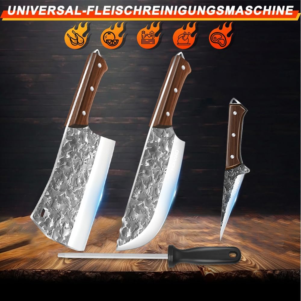 KEPEAK 4-Teilig Profi Metzgermesser Set mit Filetiermesser & Hackmesser & Ausbeinmesser und Schleifs