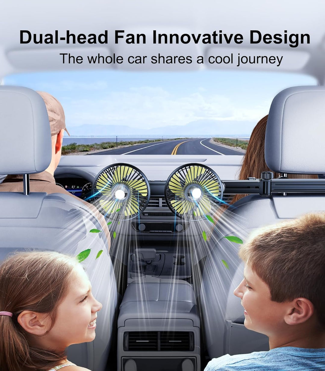 Akku-Ventilator für Auto-Rücksitz mit einziehbarem langem Arm, [Geschenk-Kfz-Ladegerät & USB-C-Kabel