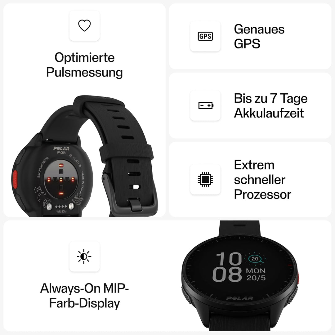 Polar Pacer - GPS-Laufuhr - Smartwatch für Damen &amp; Herren - Pulsuhr - Sport &amp; Fitness - ultraleichte