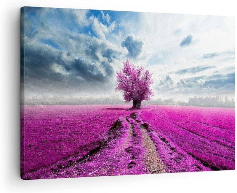 Bilder auf Leinwand Heidefeld Baum Wolken Landschaft Leinwandbild 70x50cm Wandbilder Dekoration Wohn