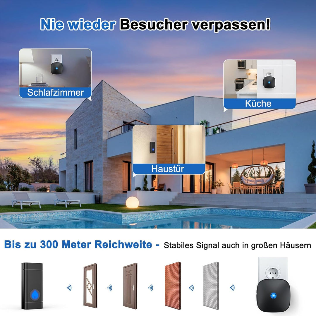 Funkklingel 58 Melodien auf 5 Stufen Volumes mit LED Anzeige（ 2 Empfänger und 2 Sender） Schwarza12,