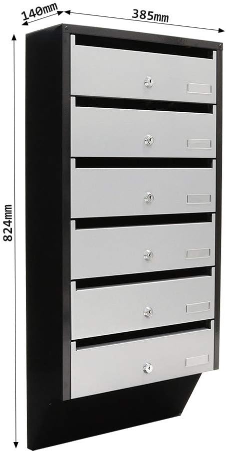 Profirst Quarten 6 Briefkastenanlage Stahl Silber/schwarz Zylinderschloss Namensschildhalter für 6 P