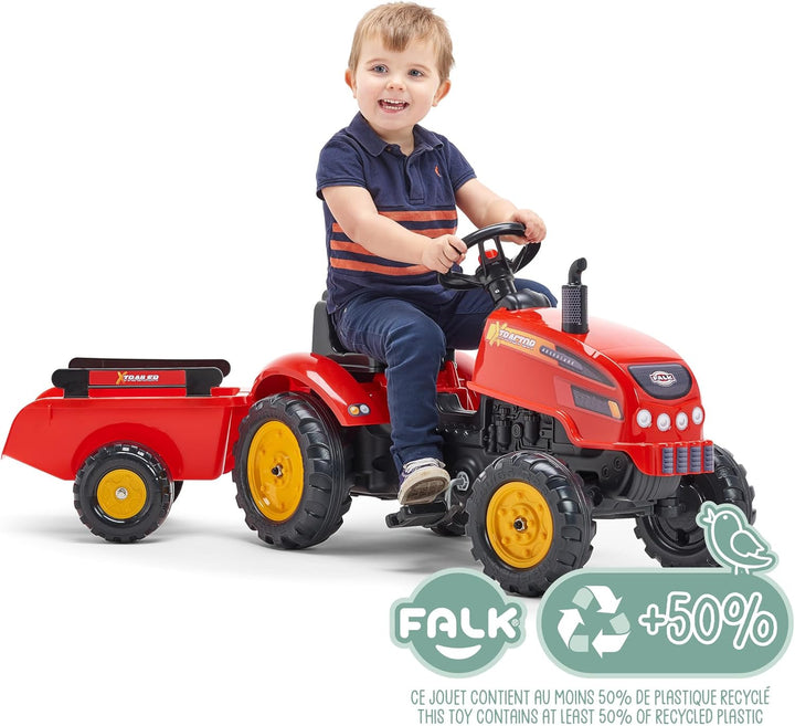 FALK - Traktor mit Pedalen X Tractor – Rot – mit Haube zum Öffnen und Anhänger ab 2 Jahren – 2046AB