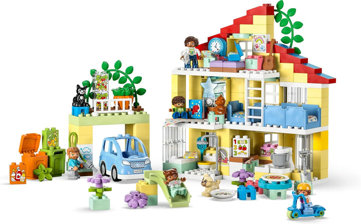 LEGO DUPLO 3-in-1-Familienhaus, Puppenhaus aus Bausteinen mit Push&Go Auto, 5 Figuren, 2 Tieren und