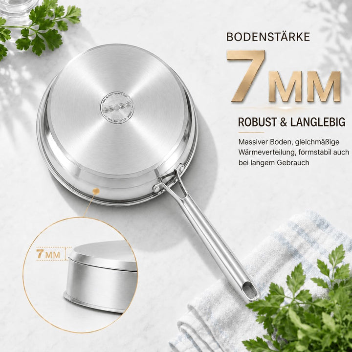 Edelstahlpfanne Unbeschichtet 28 cm mit Edelstahldeckel | 7 mm 3‑lagiger Boden, für Alle Herdarten G