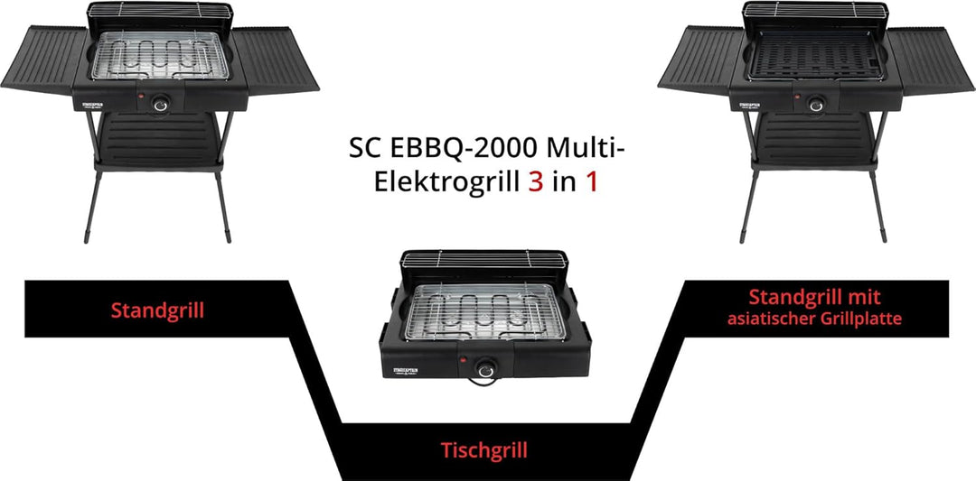 Stagecaptain EBBQ-2000 Elektrogrill 2000W - 3in1 Grill - Tischgrill, Standgrill mit Grillrost und Gr
