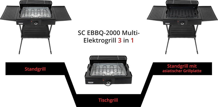 Stagecaptain EBBQ-2000 Elektrogrill 2000W - 3in1 Grill - Tischgrill, Standgrill mit Grillrost und Gr