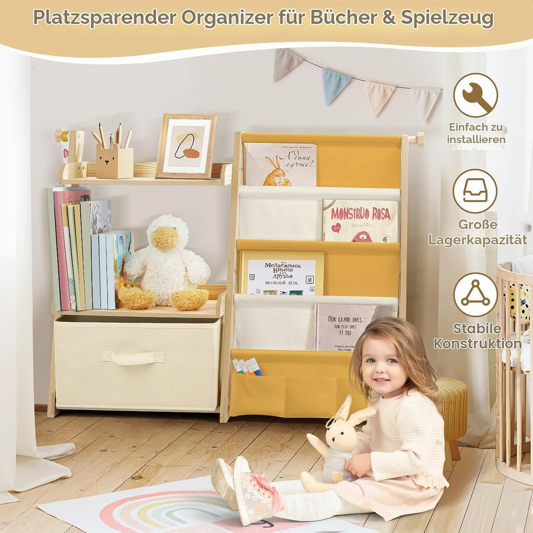 Bücherregal Kinder Kinderzimmer Spielzeug Aufbewahrung - Gelb | 4 Regalebenen &amp; Aufbewahrungsbox, Ki