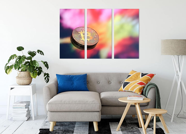 Bitcoin BTC bunte Darstellungals Leinwandbild 3 teilig | Grösse: 120x80 cm | Wandbild | Kunstdruck |