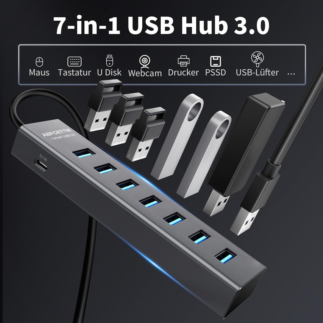 7-Port USB Hub 3.0 mit 180cm Kabel für Desktop, Aluminium USB Hub 5Gbps USB Verteiler Multiport Adap
