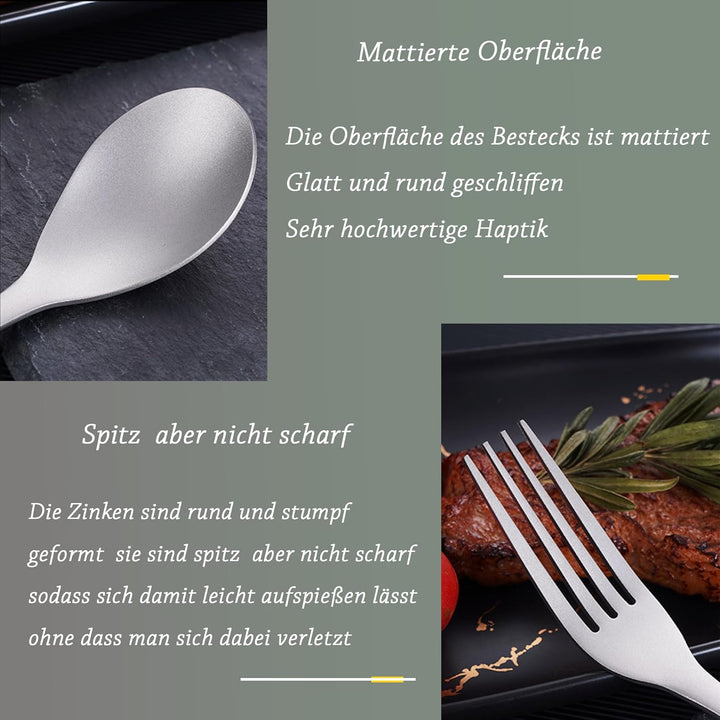 SSGP Titan Besteck Set 3-teilig – Reines Titan Grade 1, Geschmacksneutral & Rostfrei – Mattierte Obe