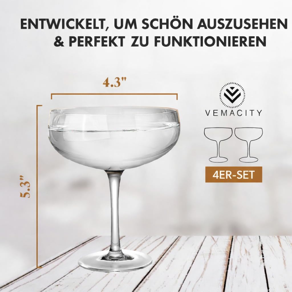 Vemacity Elegante Espresso Martini Gläser 4er Set | Handgefertigte Cocktailgläser Set | Champagner S