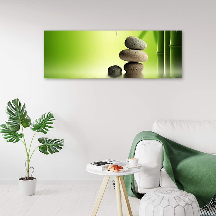 Leinwandbild XXL Zen Steine Wandbild Kunst Bambus Grün 150x50 cm Leinwandbild 150x50 cm Grün_b, Lein