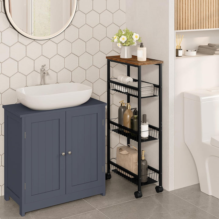 WOLTU Servierwagen, Küchenwagen mit Arbeitsplatte, 3 Metallkörben, Rollwagen mit Bremsen, Nischenreg