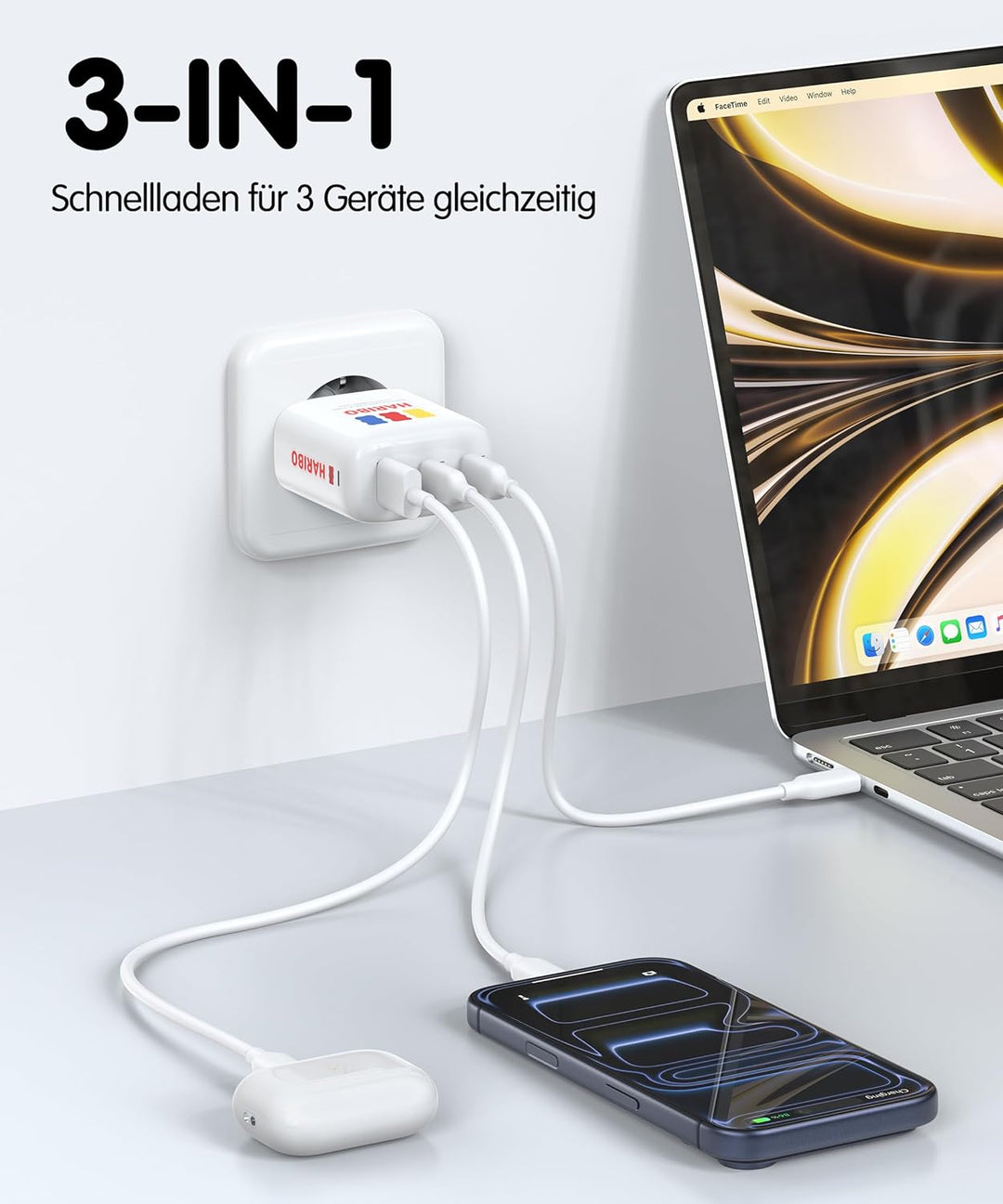 HARIBO USB C Ladegerät 65W 3-Port GaN Schnellladegerät PD/PPS Kompaktes USB-C Netzteil für MacBook P