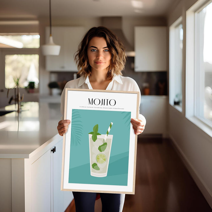 JUNOMI® Mojito Poster DIN A2, Cocktail, Longdrink, Bar, Getränke, Cocktail Set | mit Rahmen Natur DI