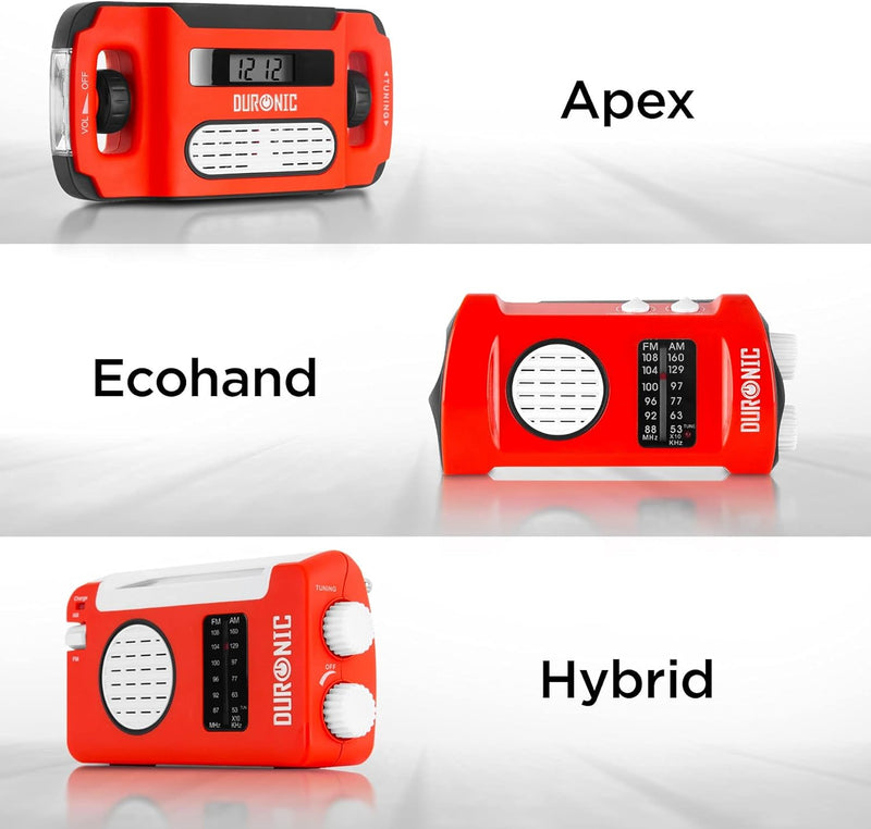 Duronic Hybrid Radio AM/FM - Aufladbar mit Solar, Kurbel und USB - 300mAh Akku - Bis zu 7h Musik mit