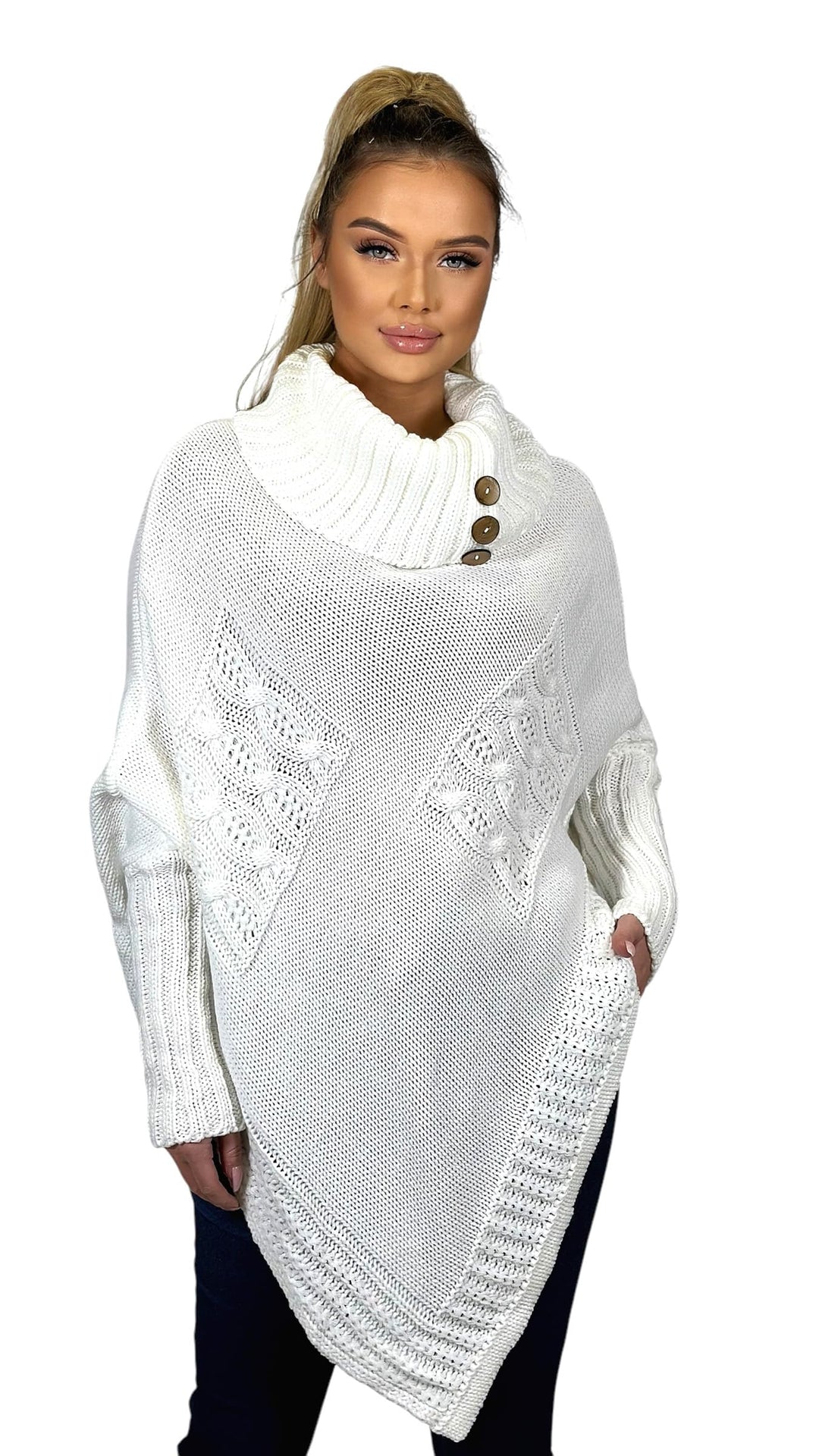 Mississhop Poncho Strick Sweatshirt Pullover Umhang Überwurf Einheitsgrösse Weiss, Einheitsgrösse We