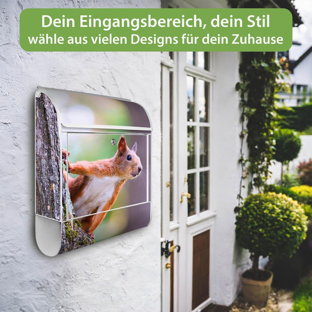 banjado® Design Briefkasten mit Motiv Eichhörnchen 39x47x14cm &amp; 2 Schlüssel - Briefkasten Stahl weis