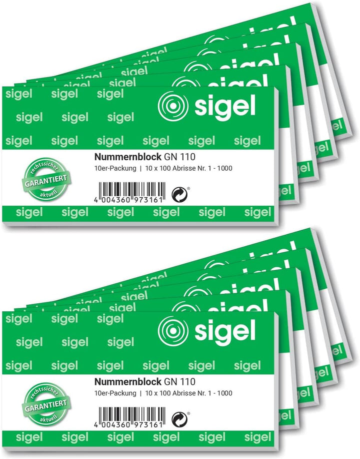 SIGEL GN110 Nummernblock, 1000 Bons (fortlaufend nummerierte Blöcke von 1 bis 1000, 10,5 x 5 cm, Far
