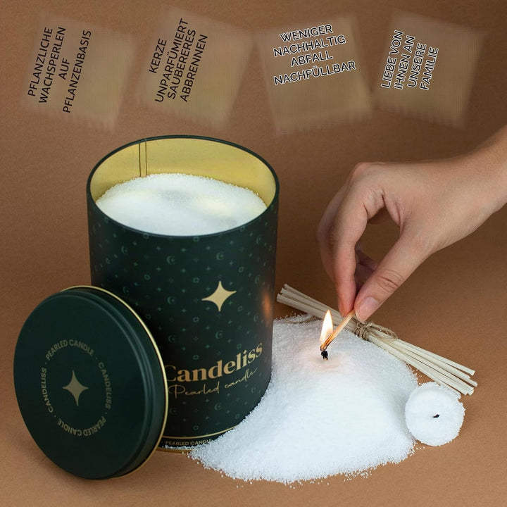 CANDELISS Kerzensand mit Docht Set in luxuriöser Metalldose. Kerzen sand perlenkerzen Pearled candle