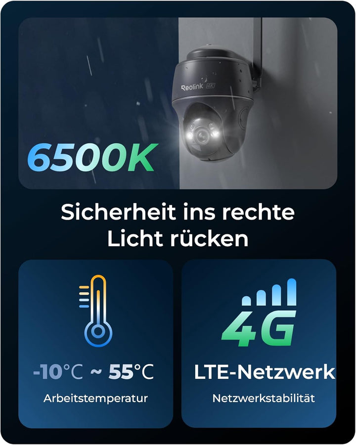 Reolink 4K 4G LTE Überwachungskamera Aussen mit SIM Karte Ohne WLAN, 355°&140° PTZ Solar Kamera Outd