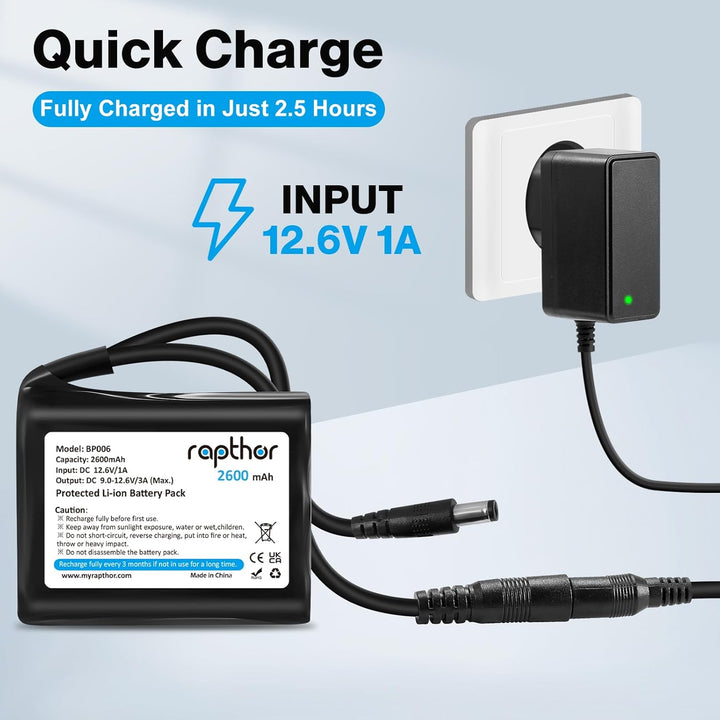 Rapthor Wiederaufladbarer 12V 2600mAh Lithium-Ionen-Akku mit Ladegerät, kompatibel mit 12V-Geräten,