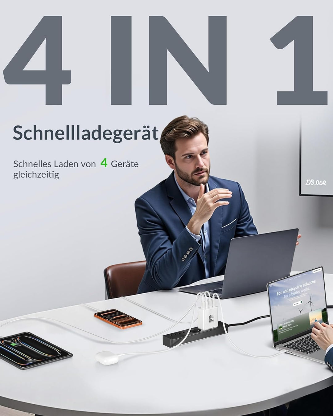 65W USB C Ladegerät, 4-Port GaN Netzteil PD/PPS USBC Schnellladegerät Fast Charger + 240W 2M Typ C S