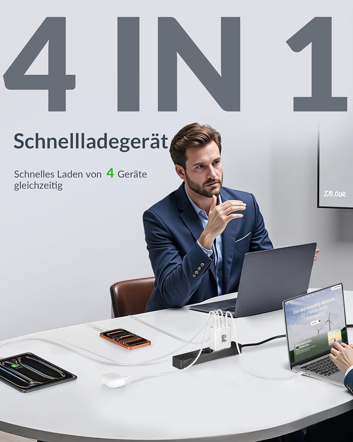65W USB C Ladegerät, 4-Port GaN Netzteil PD/PPS USBC Schnellladegerät Fast Charger + 240W 2M Typ C S