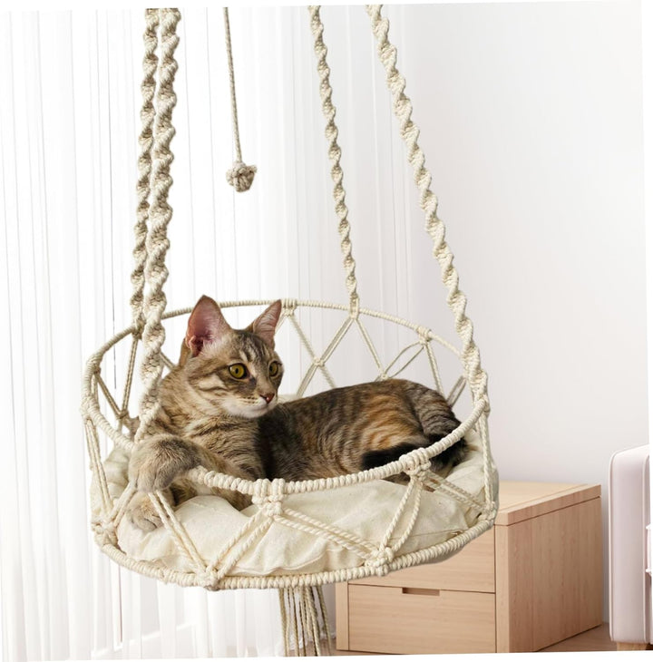 Katzenhängematte, 130 cm langes hängendes Katzenbett mit 40 cm Kissen, Boho-Makramee-Hängematte, Kat