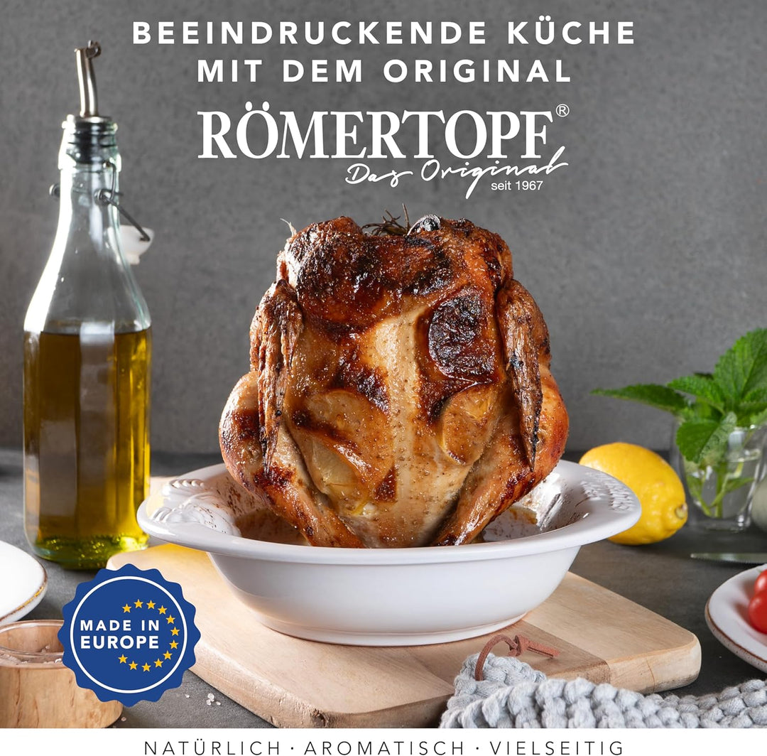Römertopf Hähnchenbräter Chiko Hähnchenhalter mit Aromabehälter aus Naturton weiss, ø 25,0 cm, Weiss