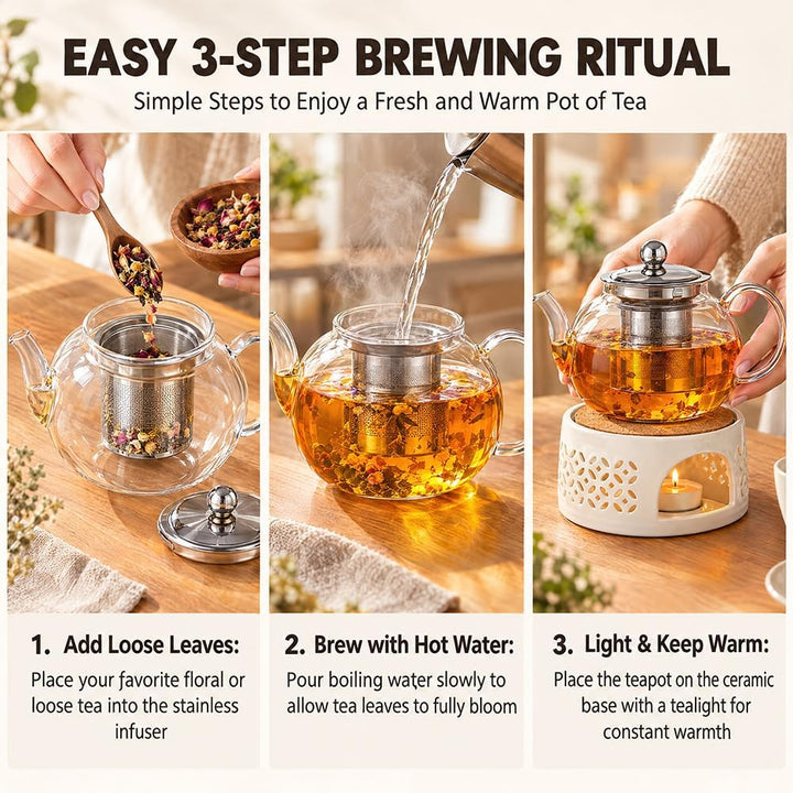Glas Teekanne mit Stövchen Set, 1000ml Glasteekanne mit Infuser